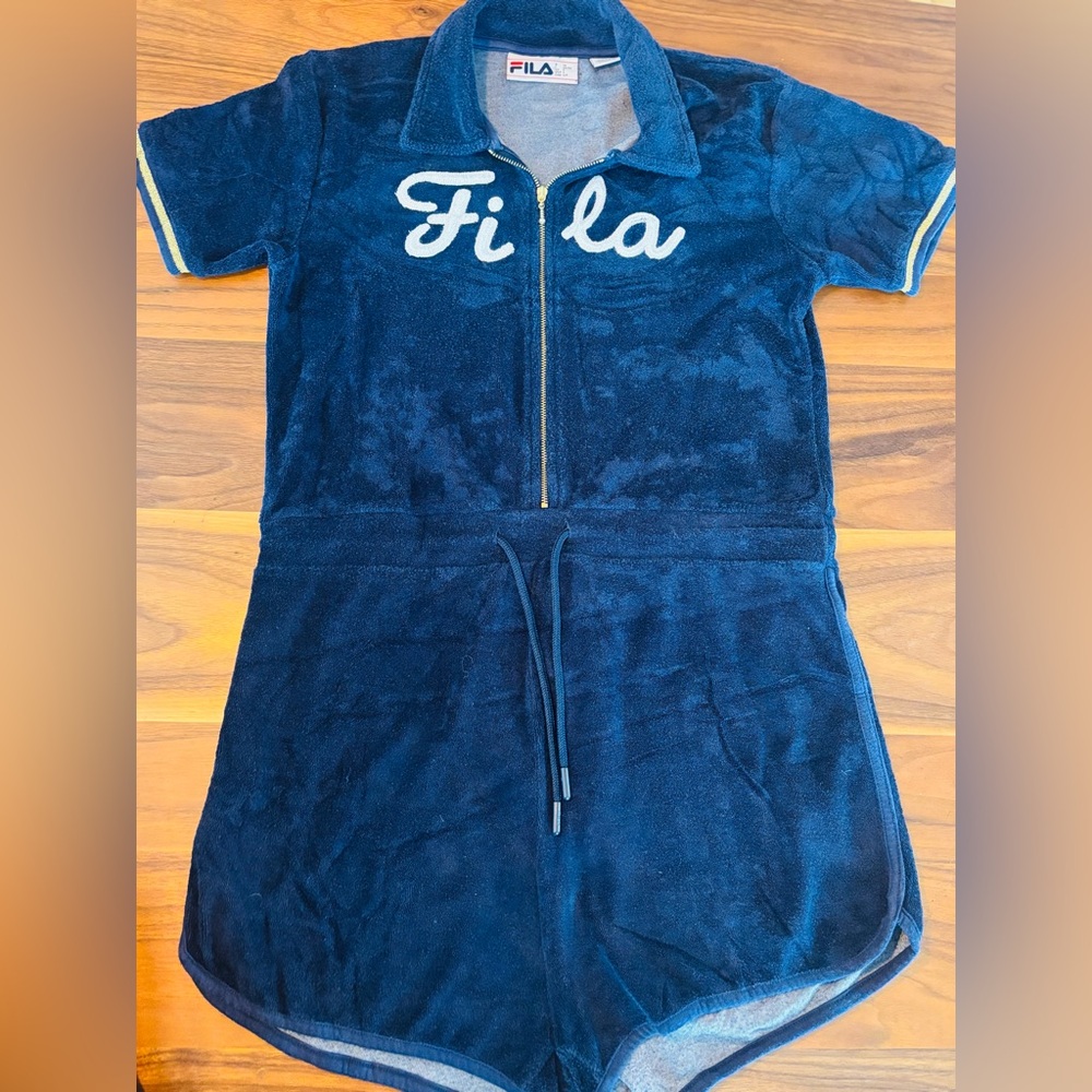 FILA Terry Cloth Zip Romper | Navy Blue | Retro-Inspired Athleisure | Like New